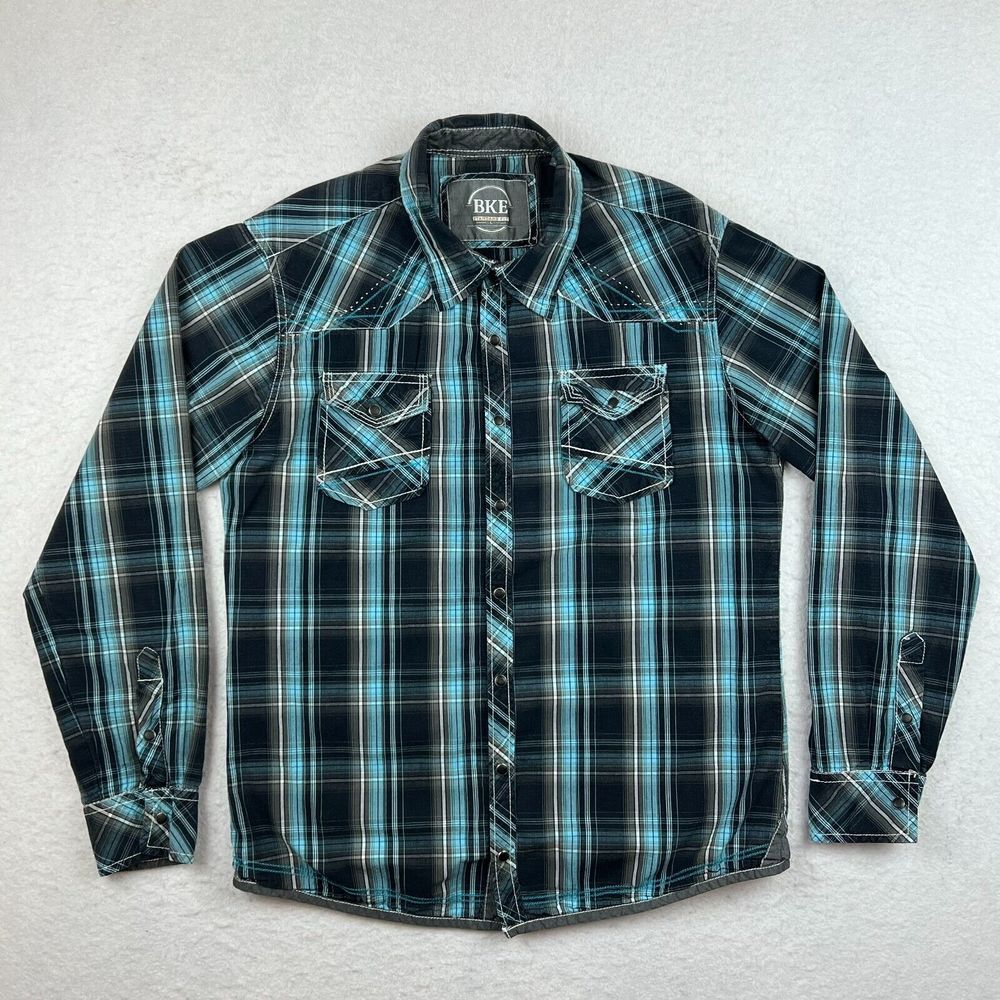 Mens BKE Plaid Long‎ Sleeve Snap Down Western Shirt Size Large Standard Fit EUC